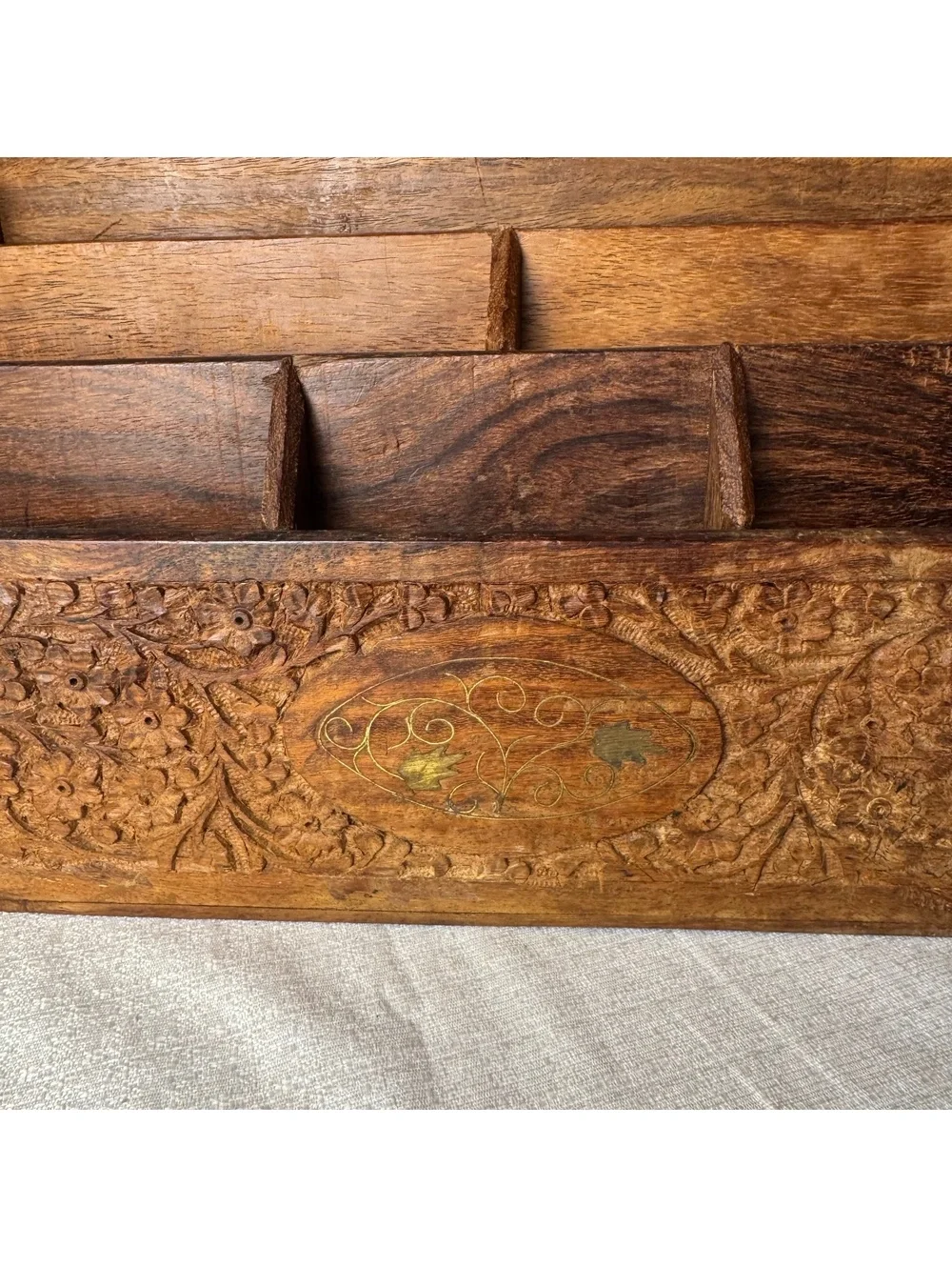 Vintage Hand Carved Wooden Desk Organizer Letter Holder Mail Sorter Boho